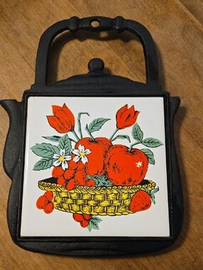 Decorative Black Cast Iron Trivet with Red Fruit Tile